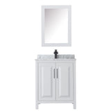 Daria 30 Inch Single Bathroom Vanity in White White Carrara Marble Countertop Undermount Square Sink Matte Black Trim Medicine Cabinet