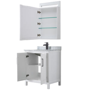 Daria 30 Inch Single Bathroom Vanity in White White Carrara Marble Countertop Undermount Square Sink Matte Black Trim Medicine Cabinet
