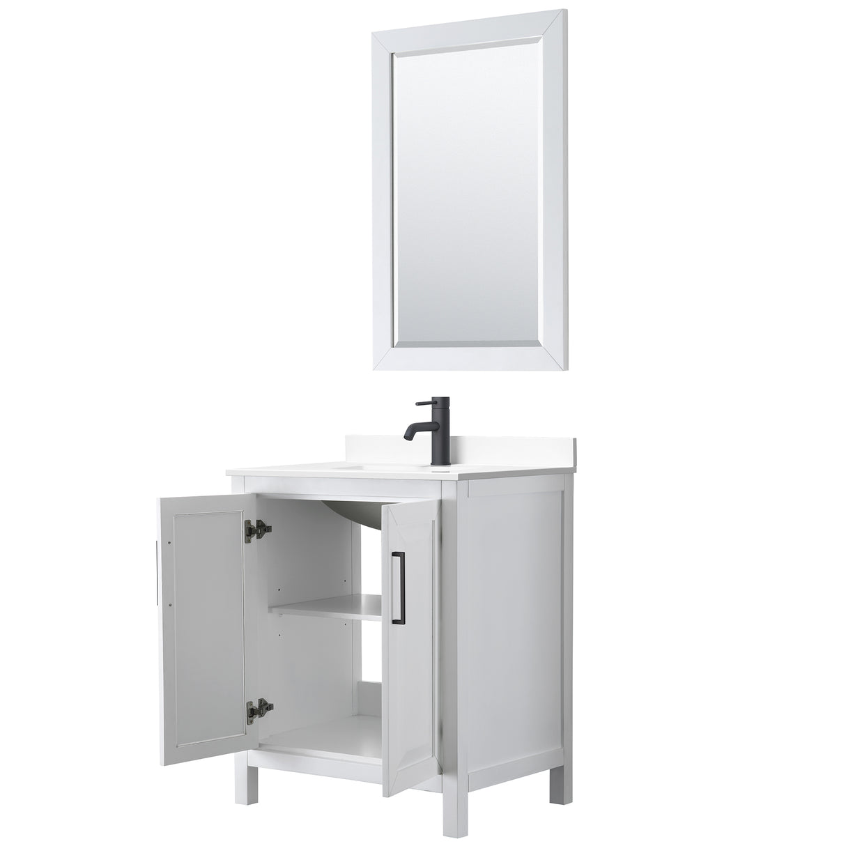 Daria 30 Inch Single Bathroom Vanity in White White Cultured Marble Countertop Undermount Square Sink Matte Black Trim 24 Inch Mirror