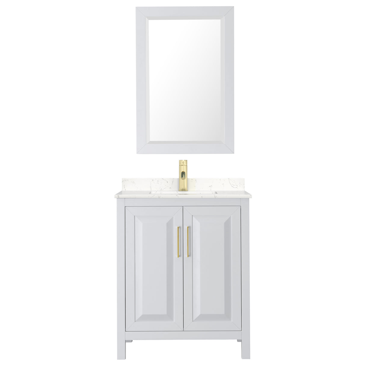 Daria 30 Inch Single Bathroom Vanity in White Carrara Cultured Marble Countertop Undermount Square Sink 24 Inch Mirror Brushed Gold Trim