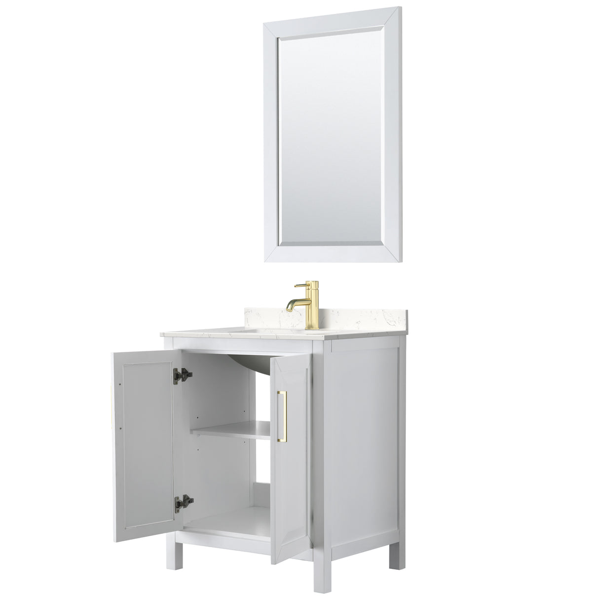 Daria 30 Inch Single Bathroom Vanity in White Carrara Cultured Marble Countertop Undermount Square Sink 24 Inch Mirror Brushed Gold Trim