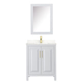 Daria 30 Inch Single Bathroom Vanity in White Carrara Cultured Marble Countertop Undermount Square Sink Medicine Cabinet Brushed Gold Trim