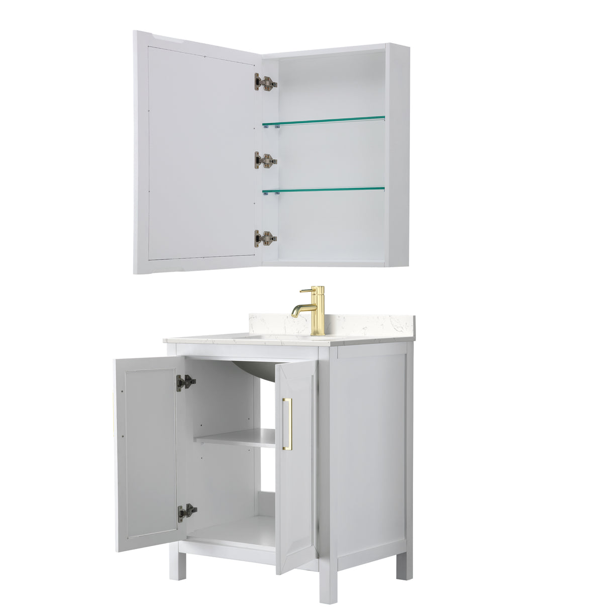 Daria 30 Inch Single Bathroom Vanity in White Carrara Cultured Marble Countertop Undermount Square Sink Medicine Cabinet Brushed Gold Trim