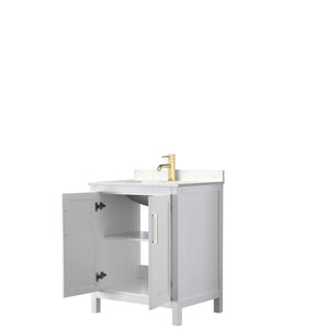 Daria 30 Inch Single Bathroom Vanity in White Carrara Cultured Marble Countertop Undermount Square Sink Brushed Gold Trim