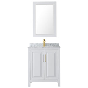 Daria 30 Inch Single Bathroom Vanity in White White Carrara Marble Countertop Undermount Square Sink 24 Inch Mirror Brushed Gold Trim