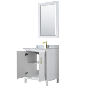 Daria 30 Inch Single Bathroom Vanity in White White Carrara Marble Countertop Undermount Square Sink 24 Inch Mirror Brushed Gold Trim
