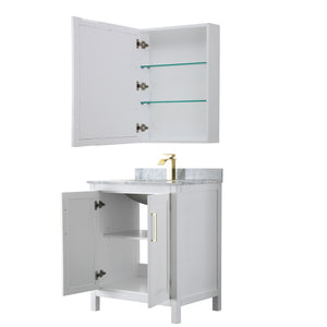 Daria 30 Inch Single Bathroom Vanity in White White Carrara Marble Countertop Undermount Square Sink Medicine Cabinet Brushed Gold Trim