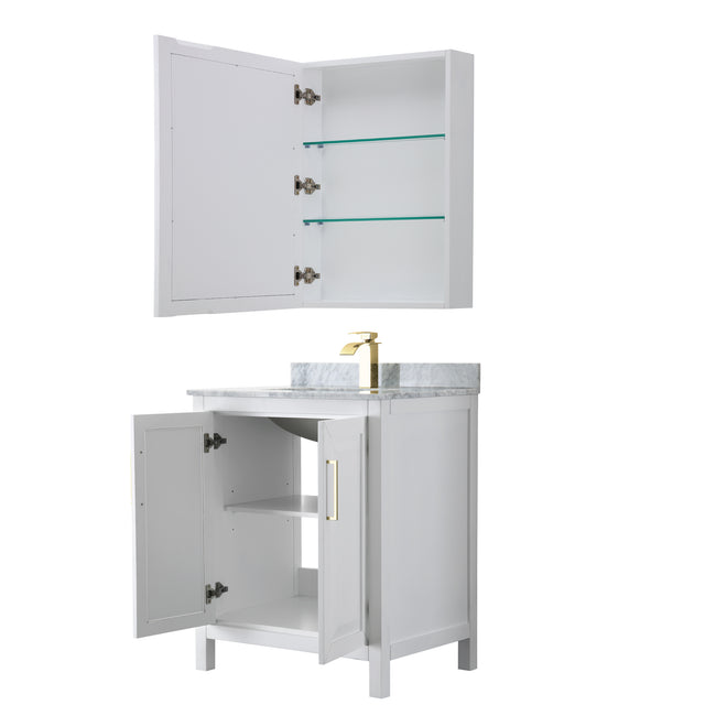 Daria 30 Inch Single Bathroom Vanity in White White Carrara Marble Countertop Undermount Square Sink Medicine Cabinet Brushed Gold Trim