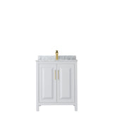 Daria 30 Inch Single Bathroom Vanity in White White Carrara Marble Countertop Undermount Square Sink Brushed Gold Trim