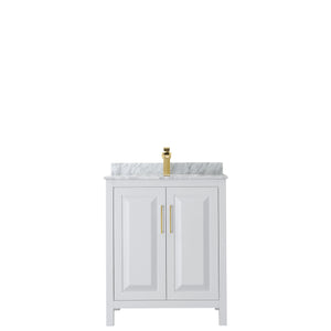 Daria 30 Inch Single Bathroom Vanity in White White Carrara Marble Countertop Undermount Square Sink Brushed Gold Trim