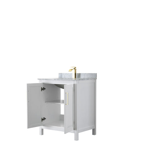 Daria 30 Inch Single Bathroom Vanity in White White Carrara Marble Countertop Undermount Square Sink Brushed Gold Trim