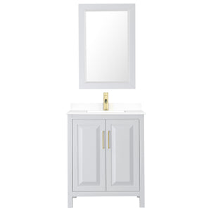 Daria 30 Inch Single Bathroom Vanity in White White Cultured Marble Countertop Undermount Square Sink 24 Inch Mirror Brushed Gold Trim