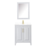 Daria 30 Inch Single Bathroom Vanity in White White Cultured Marble Countertop Undermount Square Sink Medicine Cabinet Brushed Gold Trim