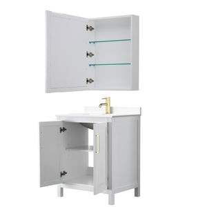 Daria 30 Inch Single Bathroom Vanity in White White Cultured Marble Countertop Undermount Square Sink Medicine Cabinet Brushed Gold Trim