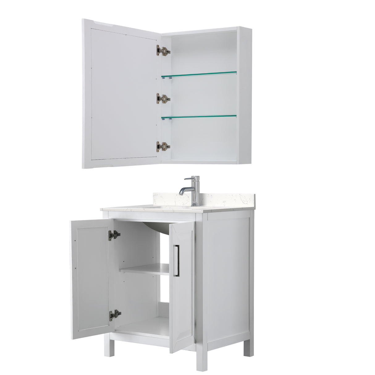 Daria 30 Inch Single Bathroom Vanity in White Carrara Cultured Marble Countertop Undermount Square Sink Medicine Cabinet