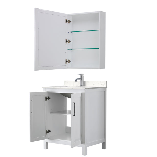 Daria 30 Inch Single Bathroom Vanity in White Carrara Cultured Marble Countertop Undermount Square Sink Medicine Cabinet