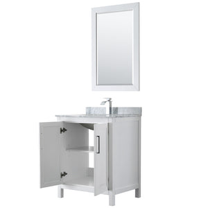 Daria 30 Inch Single Bathroom Vanity in White White Carrara Marble Countertop Undermount Square Sink and 24 Inch Mirror