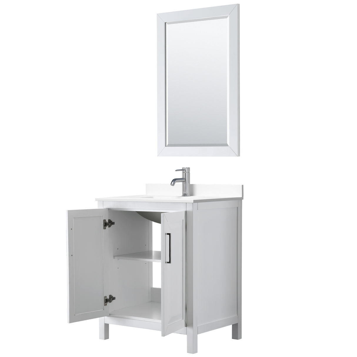 Daria 30 Inch Single Bathroom Vanity in White White Cultured Marble Countertop Undermount Square Sink 24 Inch Mirror