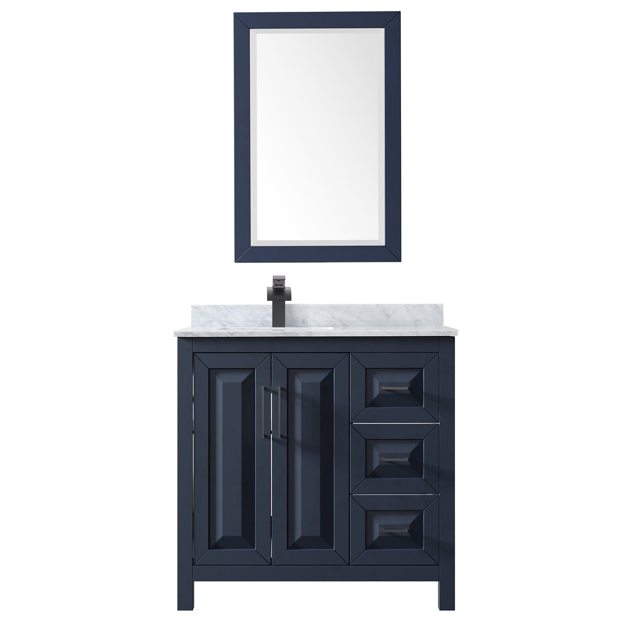 Daria 36 Inch Single Bathroom Vanity in Dark Blue White Carrara Marble Countertop Undermount Square Sink Matte Black Trim 24 Inch Mirror