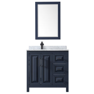 Daria 36 Inch Single Bathroom Vanity in Dark Blue White Carrara Marble Countertop Undermount Square Sink Matte Black Trim 24 Inch Mirror