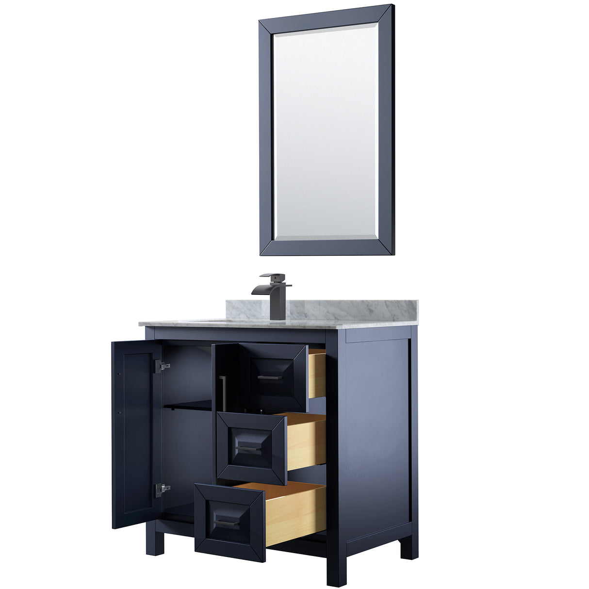 Daria 36 Inch Single Bathroom Vanity in Dark Blue White Carrara Marble Countertop Undermount Square Sink Matte Black Trim 24 Inch Mirror