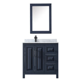 Daria 36 Inch Single Bathroom Vanity in Dark Blue White Carrara Marble Countertop Undermount Square Sink Matte Black Trim Medicine Cabinet