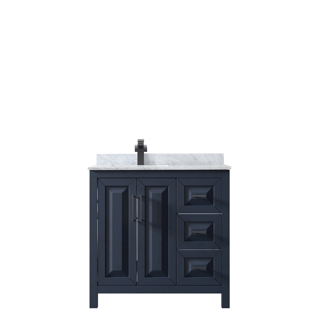 Daria 36 Inch Single Bathroom Vanity in Dark Blue White Carrara Marble Countertop Undermount Square Sink Matte Black Trim