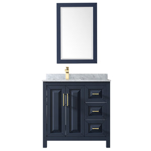 Daria 36 Inch Single Bathroom Vanity in Dark Blue White Carrara Marble Countertop Undermount Square Sink 24 Inch Mirror