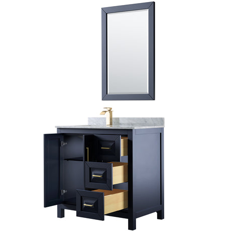 Daria 36 Inch Single Bathroom Vanity in Dark Blue White Carrara Marble Countertop Undermount Square Sink 24 Inch Mirror