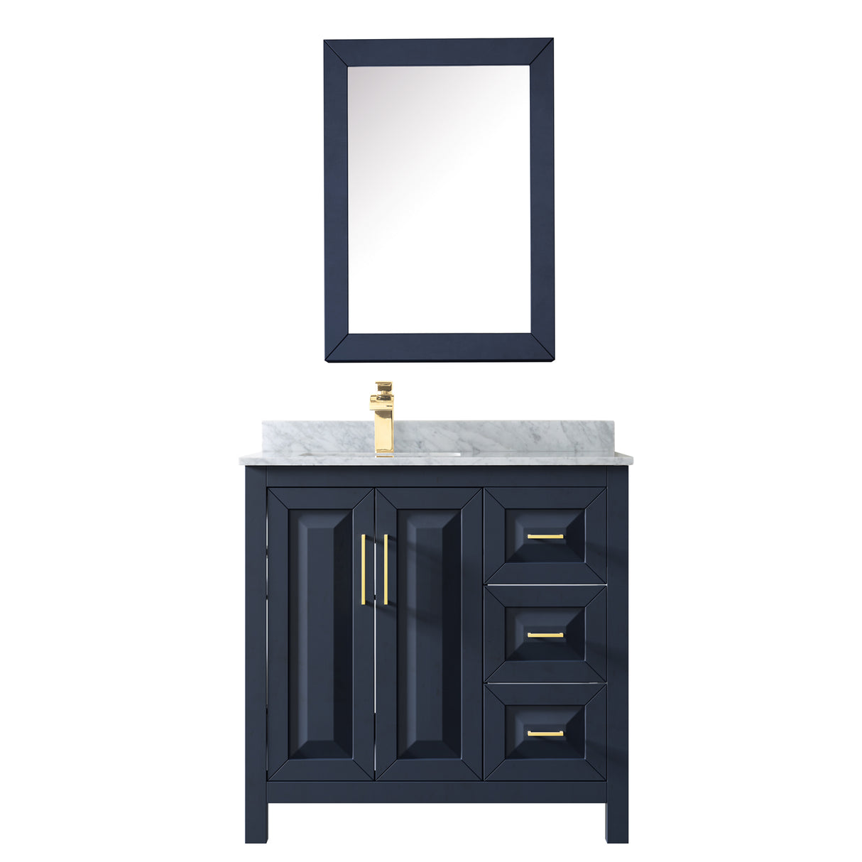 Daria 36 Inch Single Bathroom Vanity in Dark Blue White Carrara Marble Countertop Undermount Square Sink Medicine Cabinet