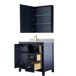 Daria 36 Inch Single Bathroom Vanity in Dark Blue White Carrara Marble Countertop Undermount Square Sink Medicine Cabinet