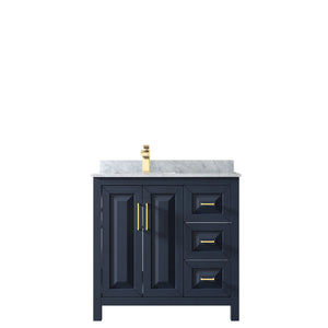 Daria 36 Inch Single Bathroom Vanity in Dark Blue White Carrara Marble Countertop Undermount Square Sink No Mirror