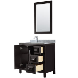 Daria 36 Inch Single Bathroom Vanity in Dark Espresso White Carrara Marble Countertop Undermount Square Sink and 24 Inch Mirror