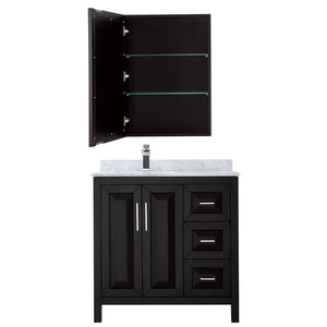 Daria 36 Inch Single Bathroom Vanity in Dark Espresso White Carrara Marble Countertop Undermount Square Sink and Medicine Cabinet