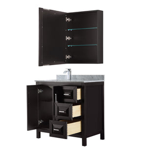 Daria 36 Inch Single Bathroom Vanity in Dark Espresso White Carrara Marble Countertop Undermount Square Sink and Medicine Cabinet