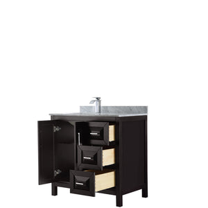 Daria 36 Inch Single Bathroom Vanity in Dark Espresso White Carrara Marble Countertop Undermount Square Sink and No Mirror