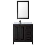 Daria 36 Inch Single Bathroom Vanity in Dark Espresso White Carrara Marble Countertop Undermount Square Sink Matte Black Trim 24 Inch Mirror