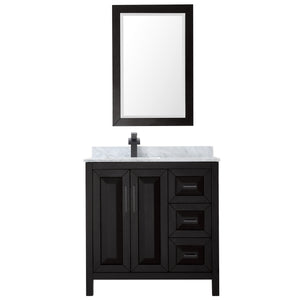 Daria 36 Inch Single Bathroom Vanity in Dark Espresso White Carrara Marble Countertop Undermount Square Sink Matte Black Trim 24 Inch Mirror