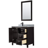 Daria 36 Inch Single Bathroom Vanity in Dark Espresso White Carrara Marble Countertop Undermount Square Sink Matte Black Trim 24 Inch Mirror