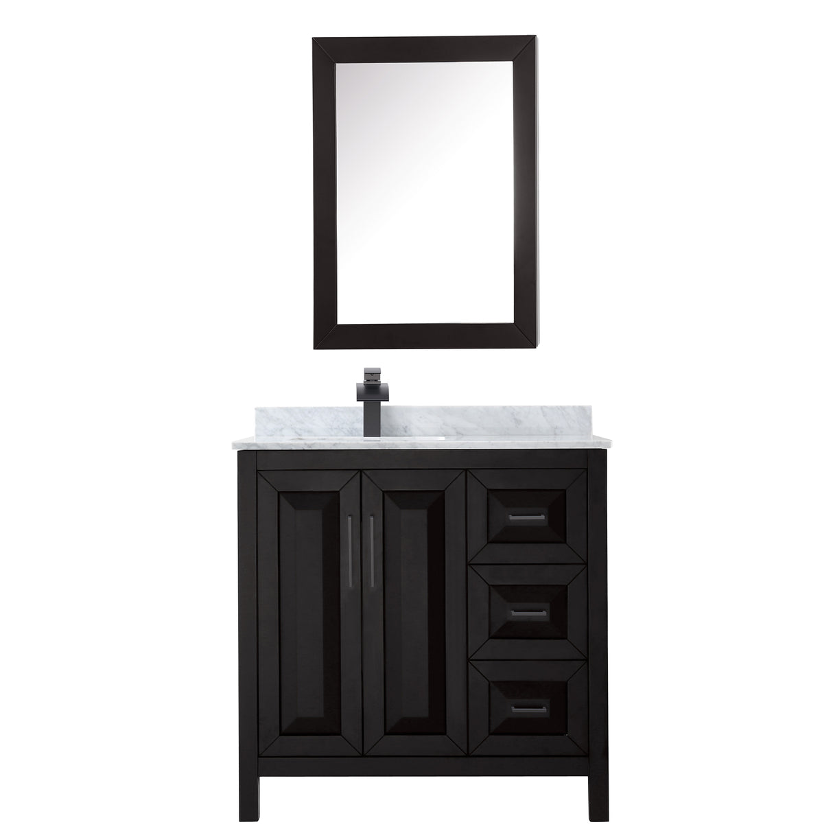 Daria 36 Inch Single Bathroom Vanity in Dark Espresso White Carrara Marble Countertop Undermount Square Sink Matte Black Trim Medicine Cabinet