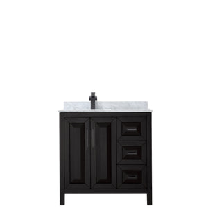 Daria 36 Inch Single Bathroom Vanity in Dark Espresso White Carrara Marble Countertop Undermount Square Sink Matte Black Trim
