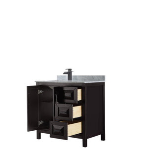 Daria 36 Inch Single Bathroom Vanity in Dark Espresso White Carrara Marble Countertop Undermount Square Sink Matte Black Trim