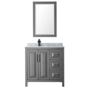 Daria 36 Inch Single Bathroom Vanity in Dark Gray White Carrara Marble Countertop Undermount Square Sink Matte Black Trim 24 Inch Mirror