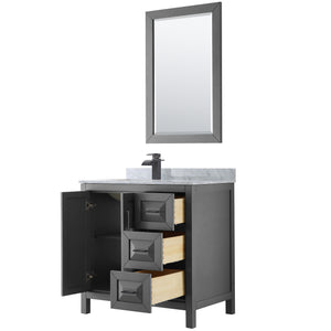 Daria 36 Inch Single Bathroom Vanity in Dark Gray White Carrara Marble Countertop Undermount Square Sink Matte Black Trim 24 Inch Mirror