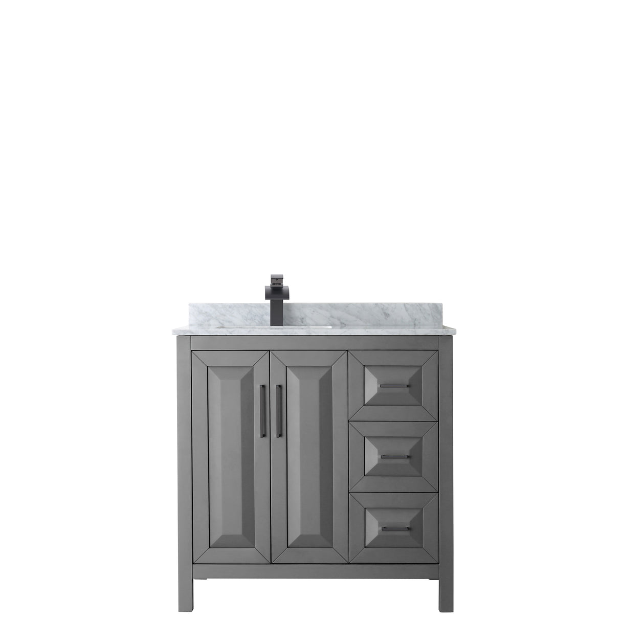 Daria 36 Inch Single Bathroom Vanity in Dark Gray White Carrara Marble Countertop Undermount Square Sink Matte Black Trim