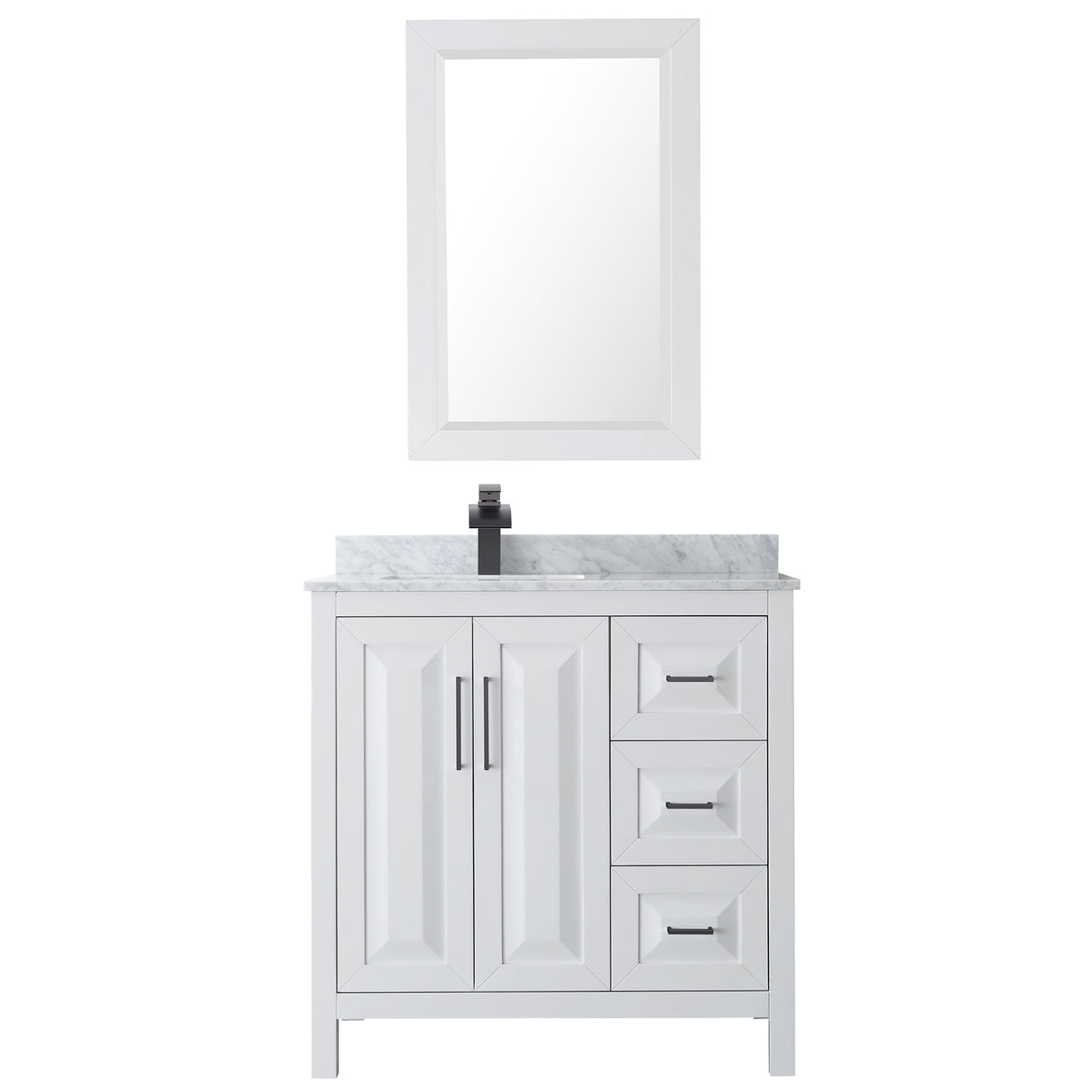 Daria 36 Inch Single Bathroom Vanity in White White Carrara Marble Countertop Undermount Square Sink Matte Black Trim 24 Inch Mirror