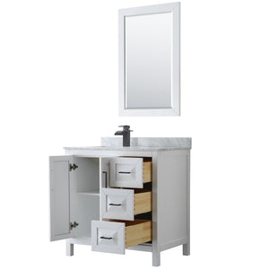 Daria 36 Inch Single Bathroom Vanity in White White Carrara Marble Countertop Undermount Square Sink Matte Black Trim 24 Inch Mirror