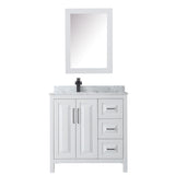 Daria 36 Inch Single Bathroom Vanity in White White Carrara Marble Countertop Undermount Square Sink Matte Black Trim Medicine Cabinet