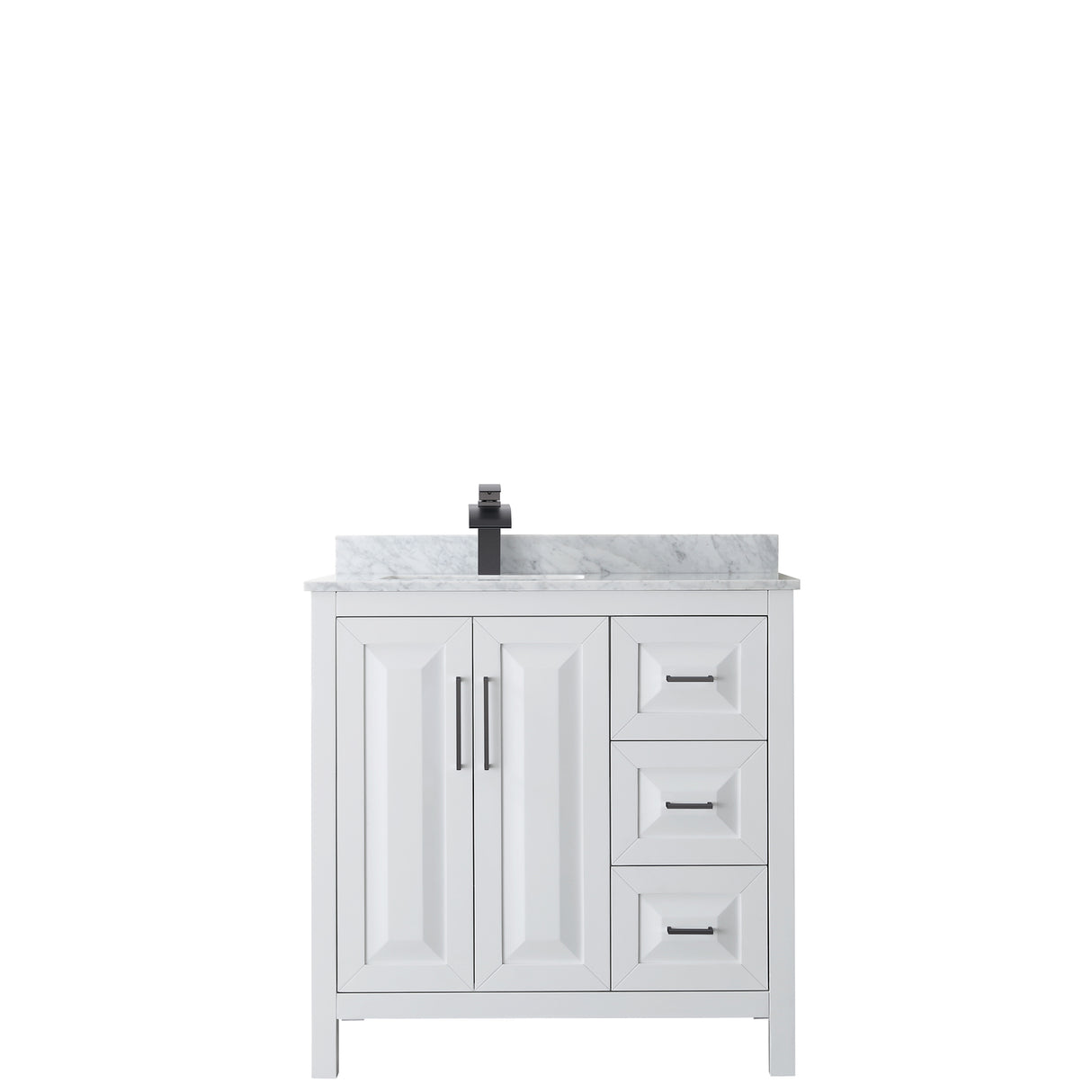 Daria 36 Inch Single Bathroom Vanity in White White Carrara Marble Countertop Undermount Square Sink Matte Black Trim