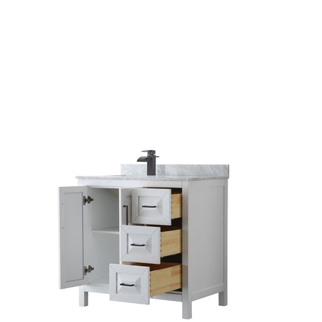 Daria 36 Inch Single Bathroom Vanity in White White Carrara Marble Countertop Undermount Square Sink Matte Black Trim
